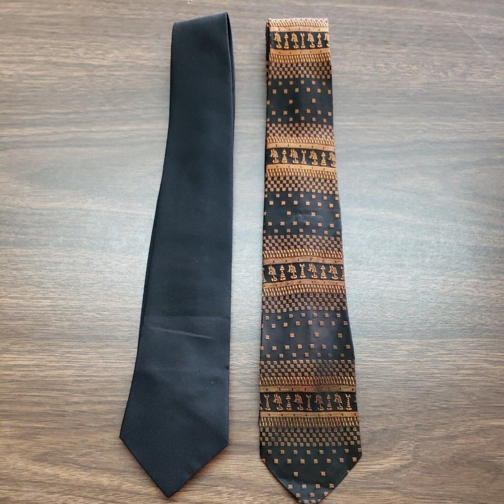 LOT 2 Men's Neck Ties Black, Black & Orange Chess Polyester 2.75" at widest